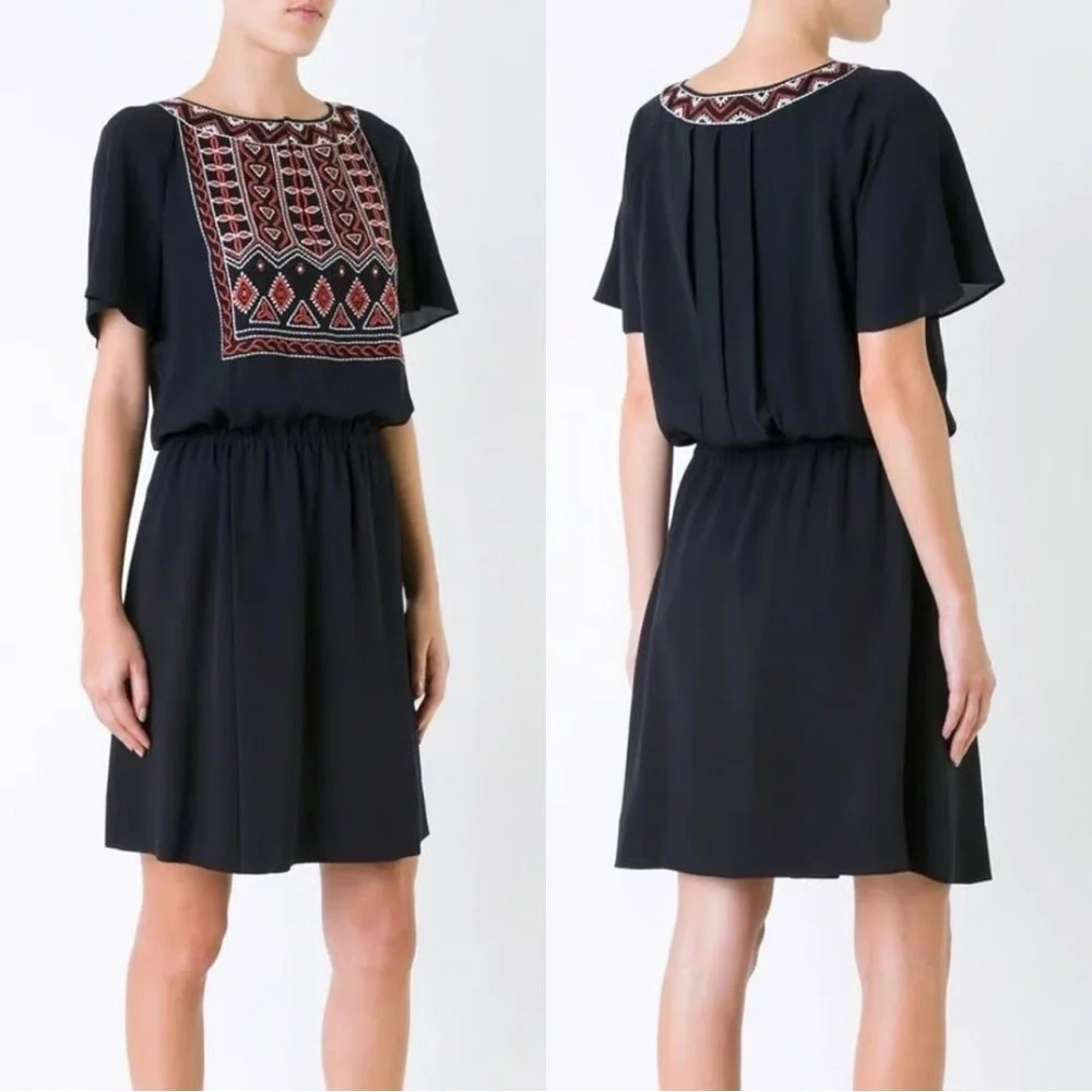 Tory Burch Black Bristol 100% Silk Short‎ Sleeves Embroidered Mini Dress size 4